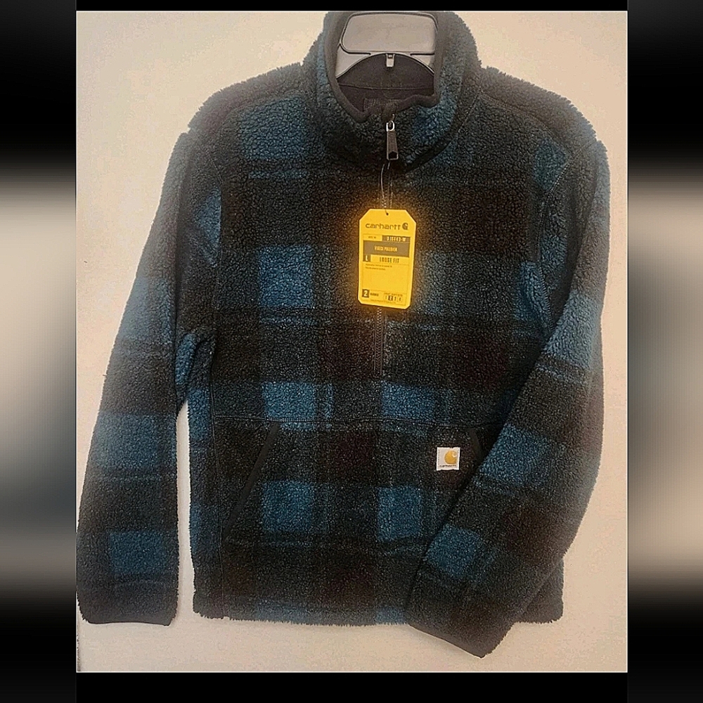 NWT Men's Small Carhartt Loose Fit Fleece Pullover - Green Black Plaid